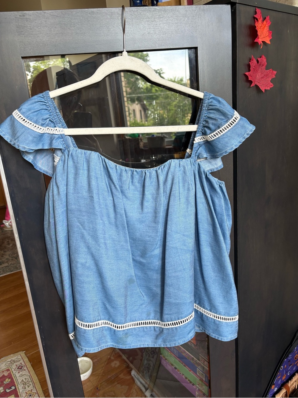 Lovers + Friends Light Denim Blue Off-Shoulder Ruffle Blouse